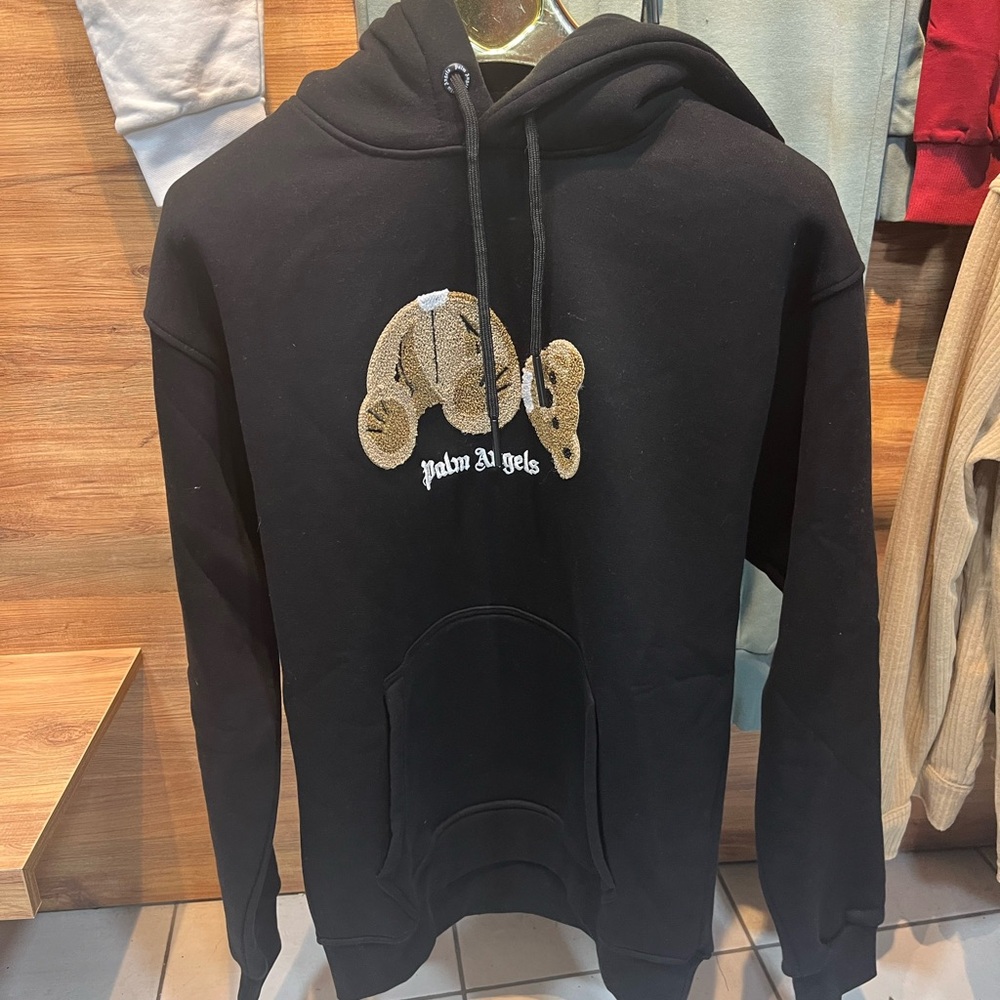 Palm Angels Black Hoodie with Gold Embroidery
